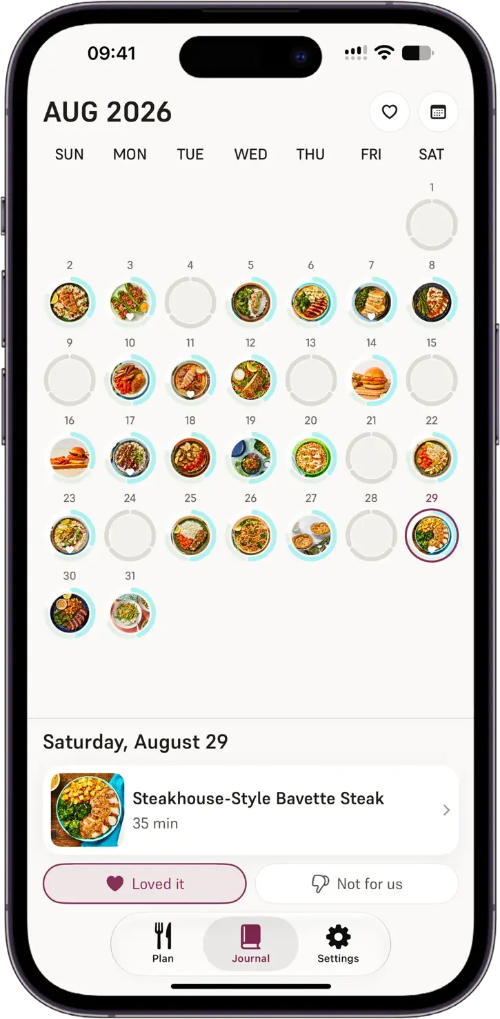 The Repast journal: an August calendar where cooked days show a photograph of that night's dinner. Saturday the 29th is selected, showing Steakhouse-Style Bavette Steak with Loved it and Not for us buttons.
