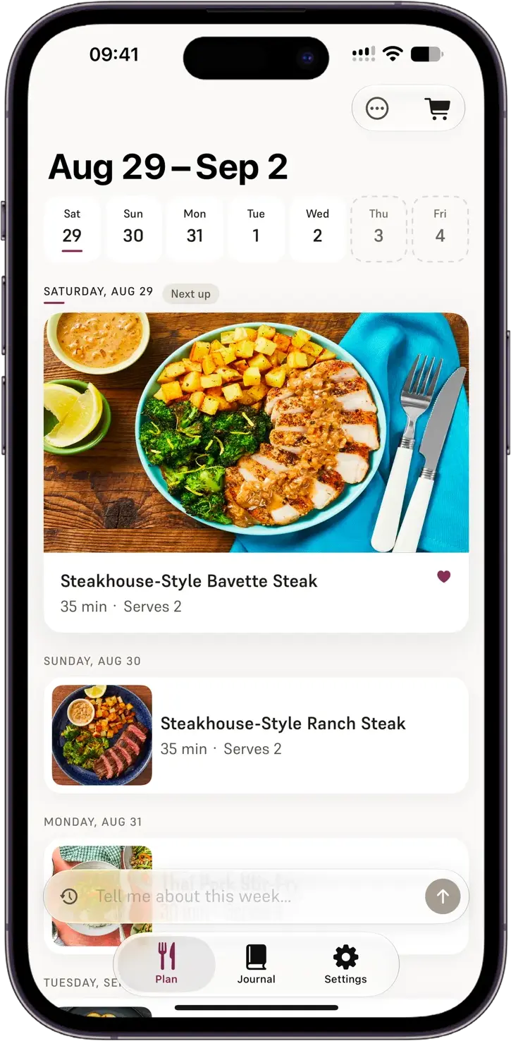 A generated week of dinners on the Repast plan screen, with Steakhouse-Style Bavette Steak enlarged as tonight and the remaining nights queued in a rail below it.