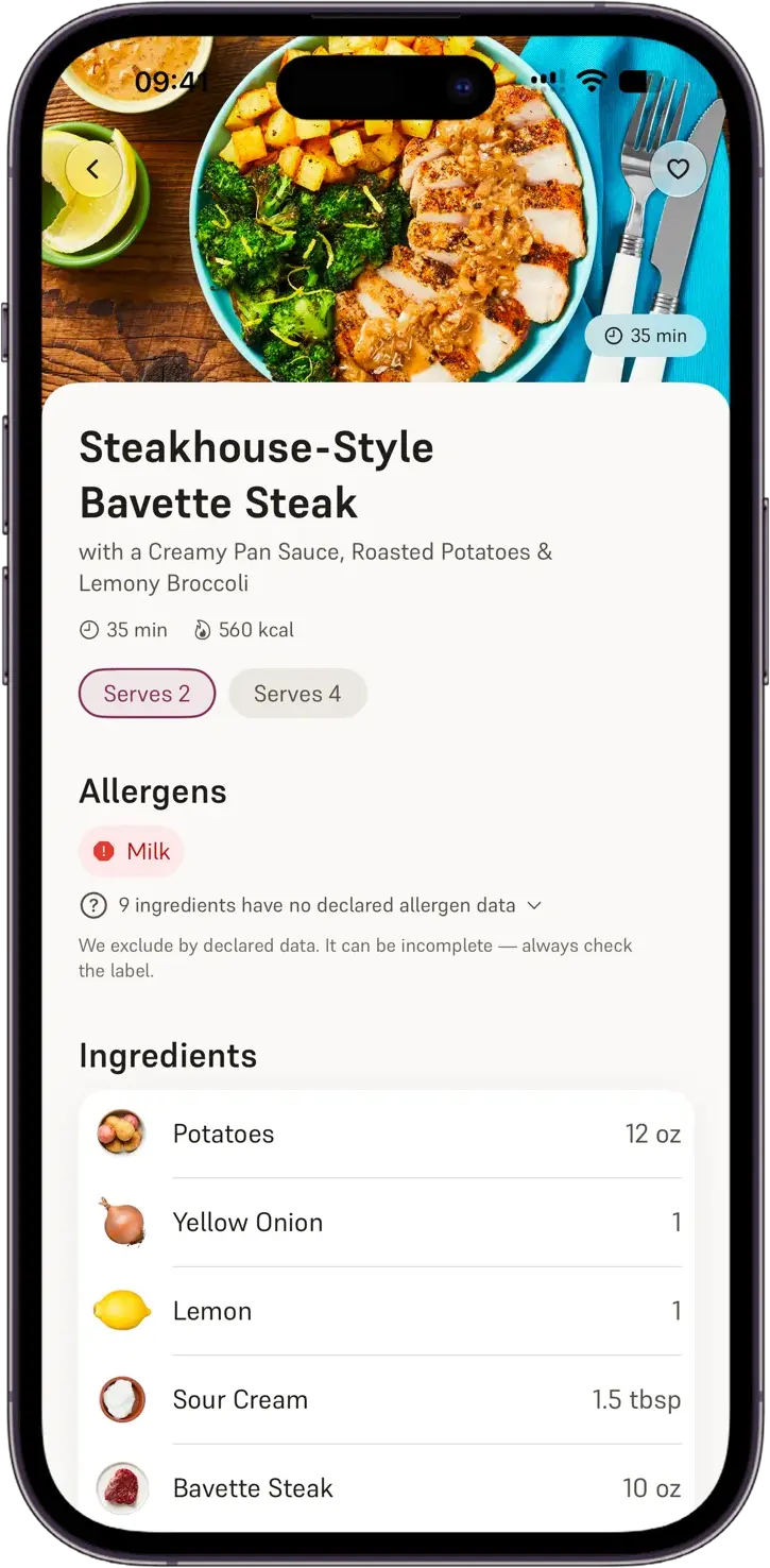 A Repast recipe page for Steakhouse-Style Bavette Steak, showing its serving-size options, declared allergens and ingredient list with quantities.