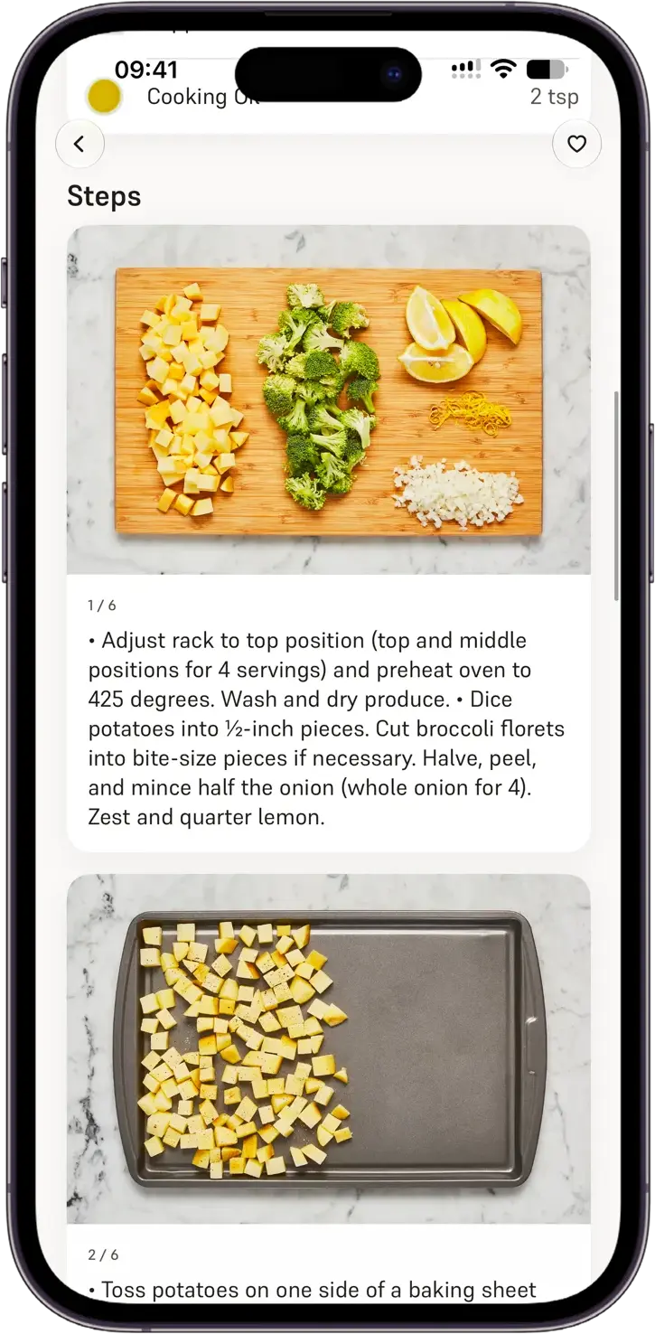A Repast recipe's steps, each one a card with its own photograph and plain instructions.